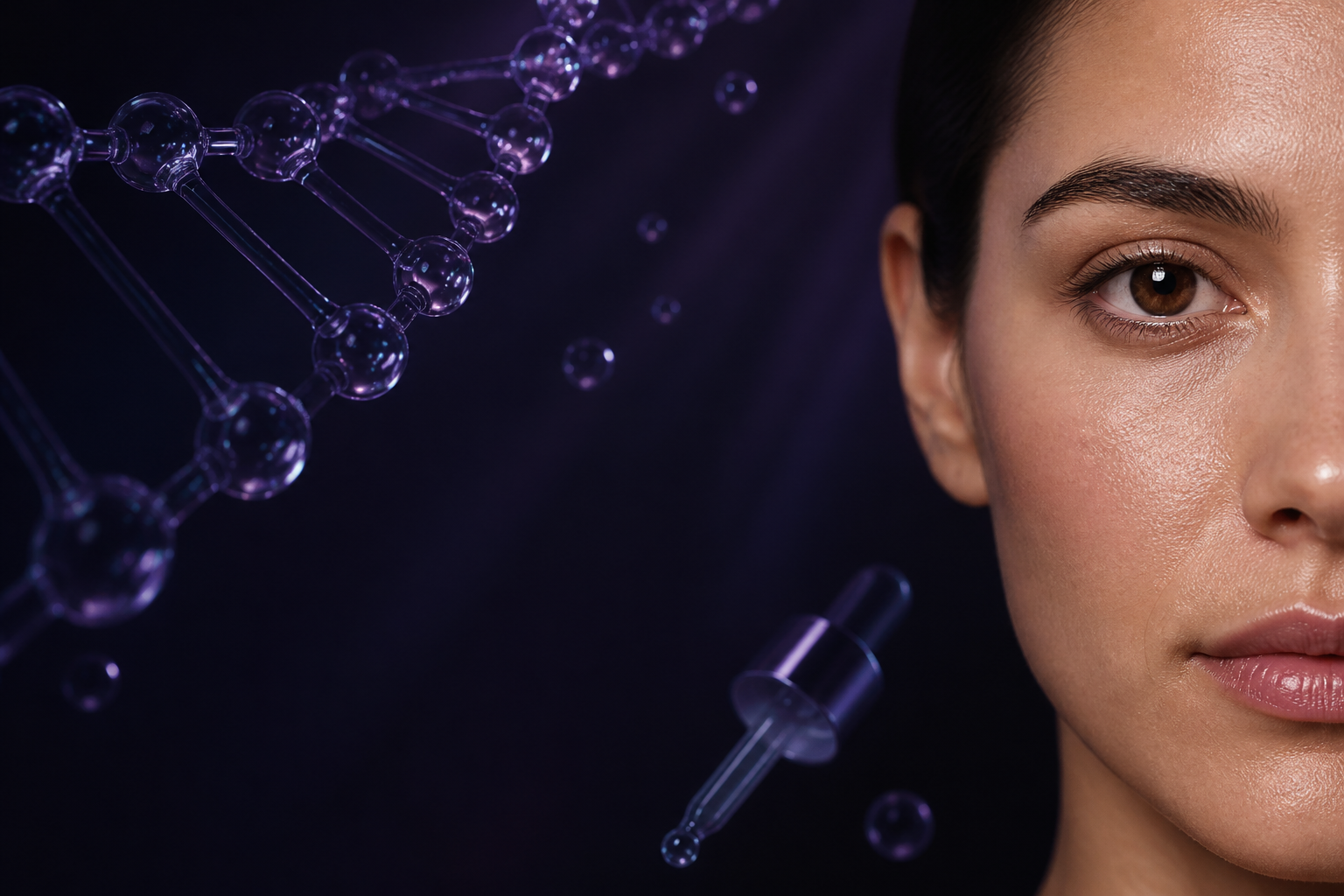 Contexto visual de estética facial com rosto anônimo e moléculas violetas, não representa unidade ou resultado